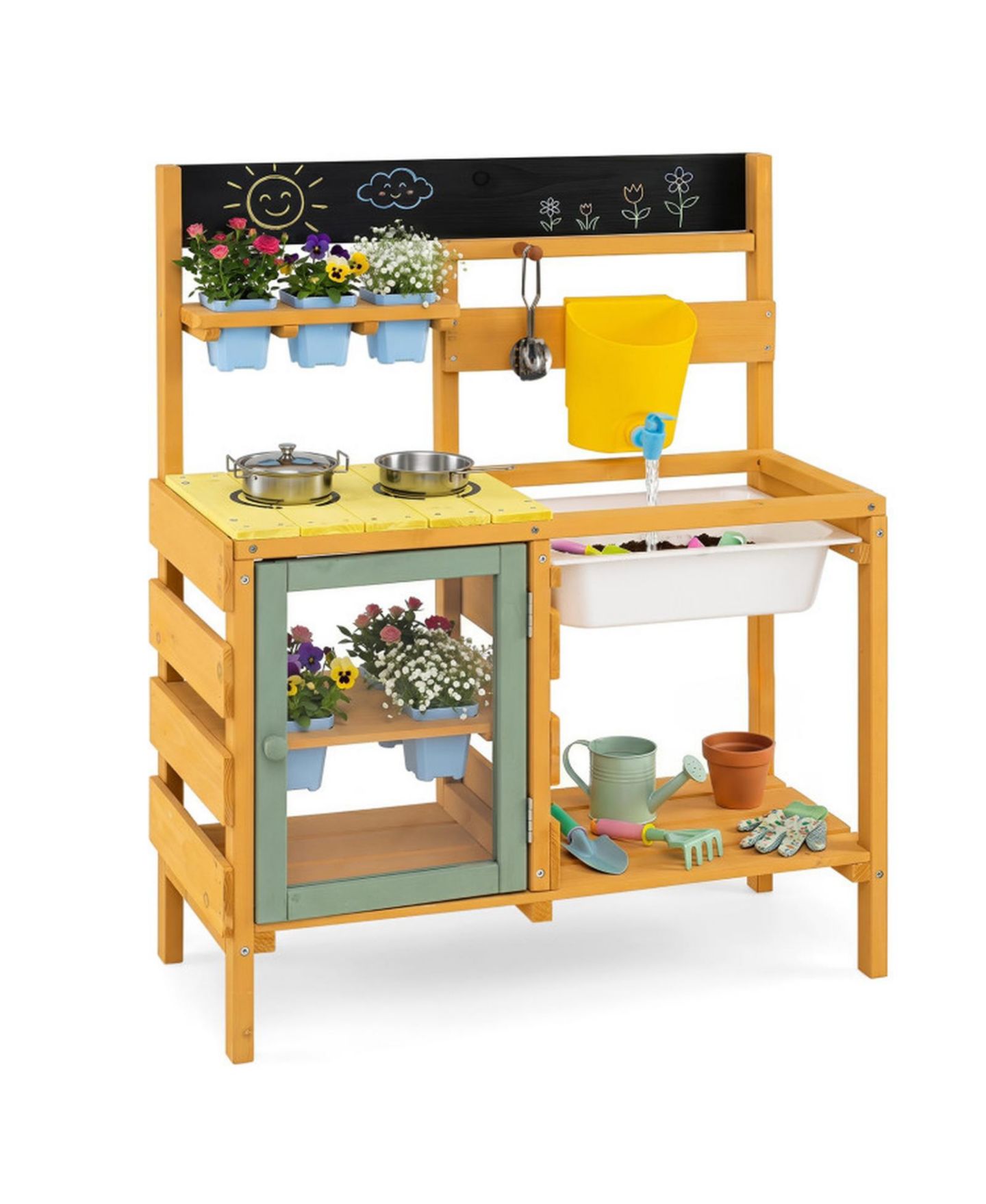 Детские игрушки SUGIFT Wooden 13-Piece Mud Kitchen with Water Tank, Faucet, and 2 Stoves, Ages 3+, цвет: Жёлтый — фото 1
