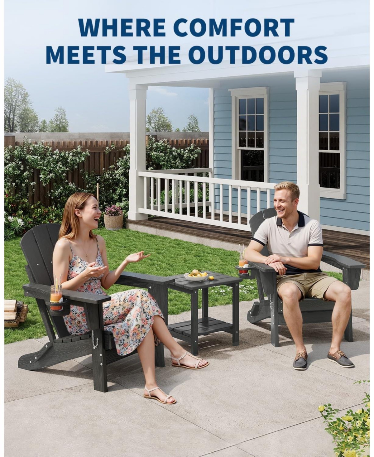 homfan Set of 4 Folding Adirondack Chair All-Weather Hdpe Wood Texture Outdoor Chair with Cup Holder for Patio or Fire Pit