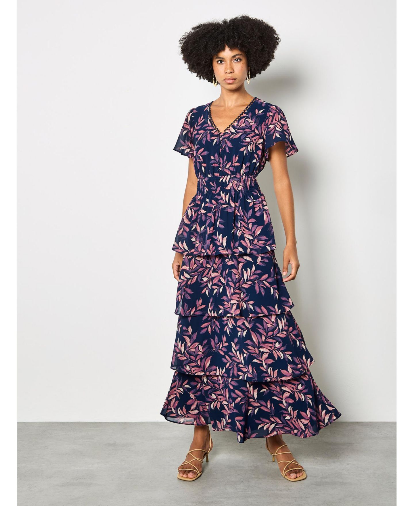 Женское платье Apricot Tiered Leaf Print Short-Sleeve, цвет: Тёмно-синий — фото 5