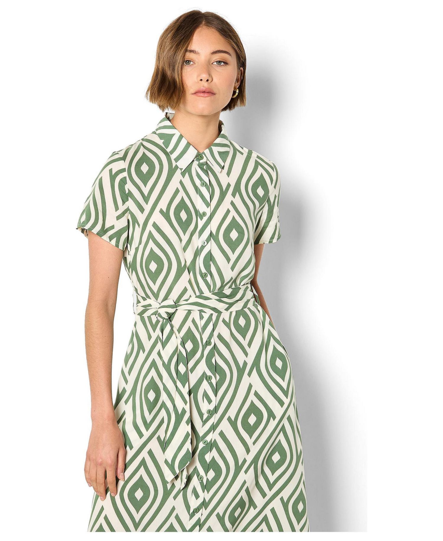 Women's Short-Sleeve Geometric-Print Midi Shirt Dress