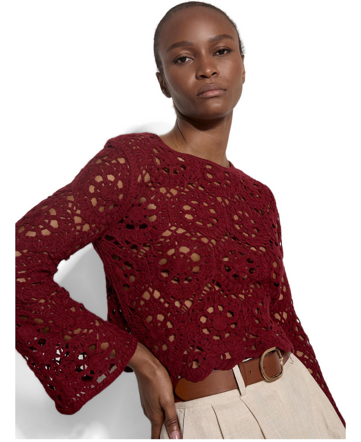 Women's Long-Sleeve Floral Crochet Top