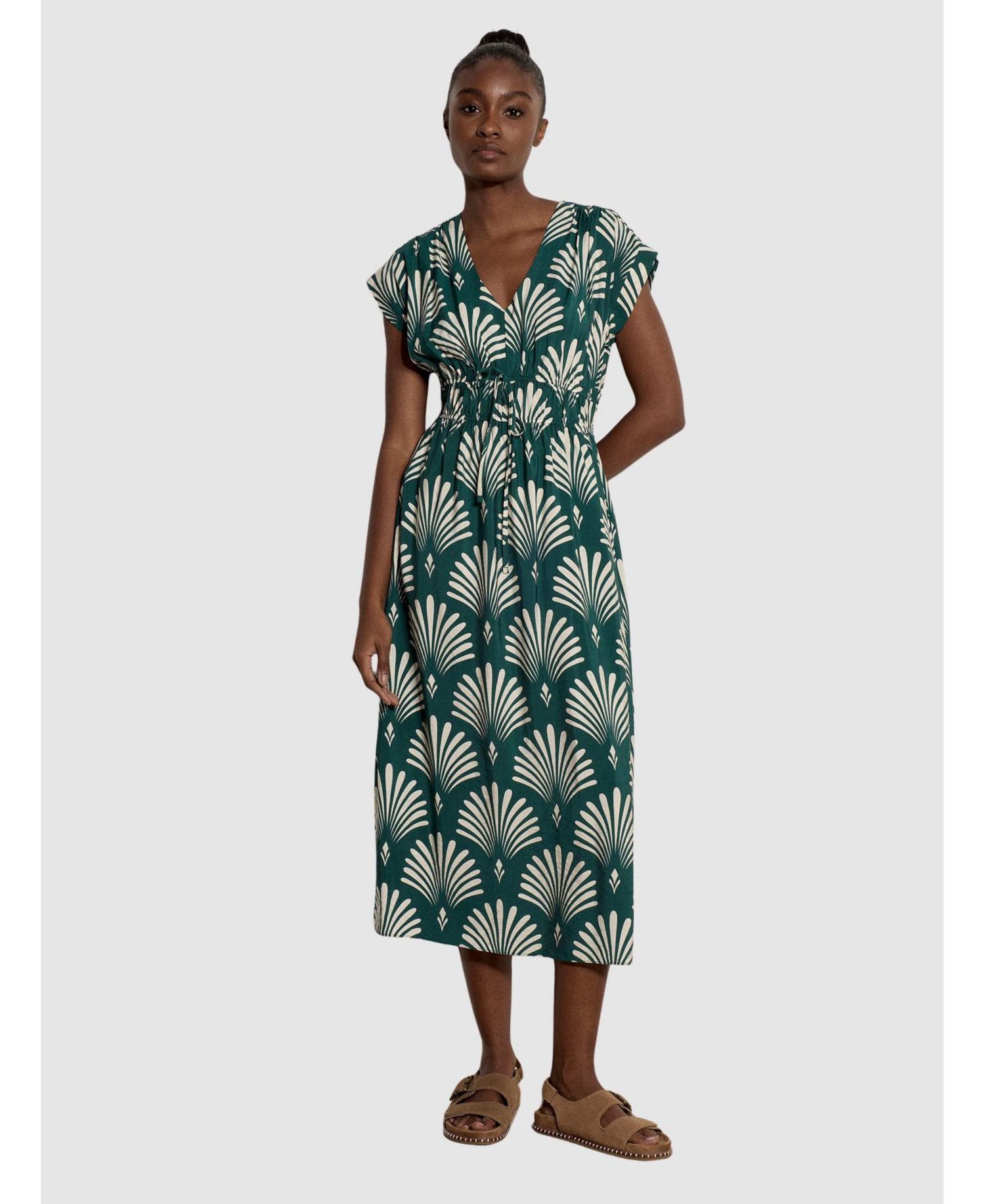 Women's Smocked V-Neck Midi Dress with Pockets