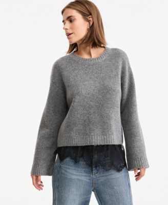 Women's Lace-Trim Long-Sleeve Crewneck Sweater