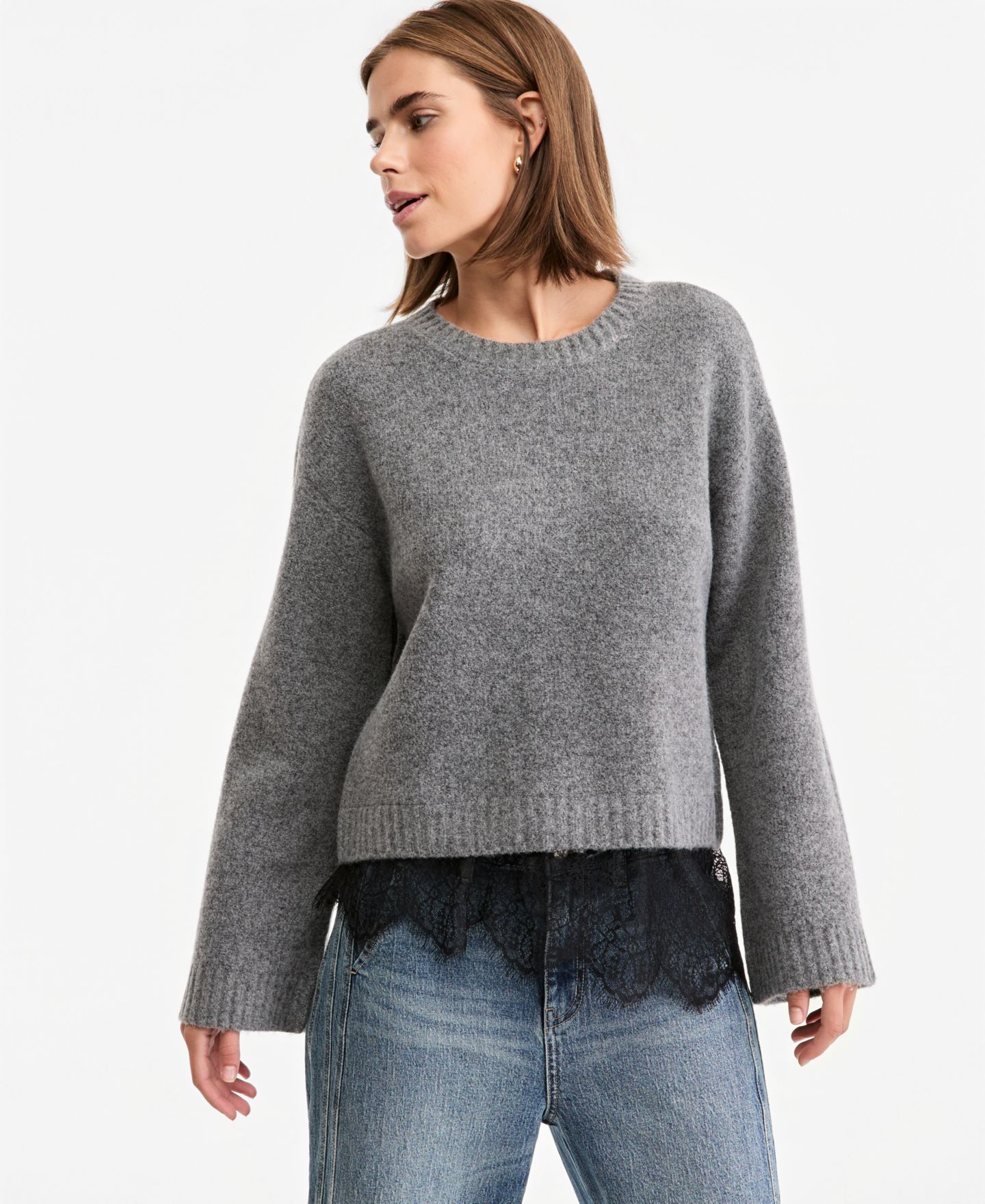Женский свитер And Now This Petite Long-Sleeve Crewneck Lace, цвет: Меланжевый серый — фото 1