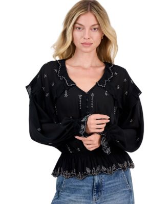 Women's Beaded V-Neck Long-Sleeve Blouse