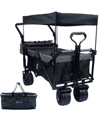 Collapsible Wagon with Removable Canopy, 4" All-Terrain Wheels with Brake, Adjustable Handle and Cooler Bag for Outdoor Garden and Beach