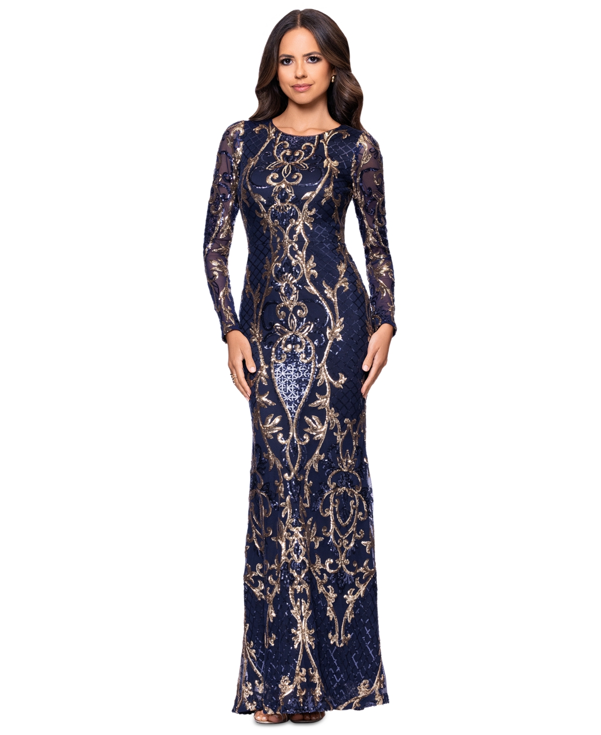 Betsy & Adam Petite Sequinned Mesh-Sleeve Evening Gown