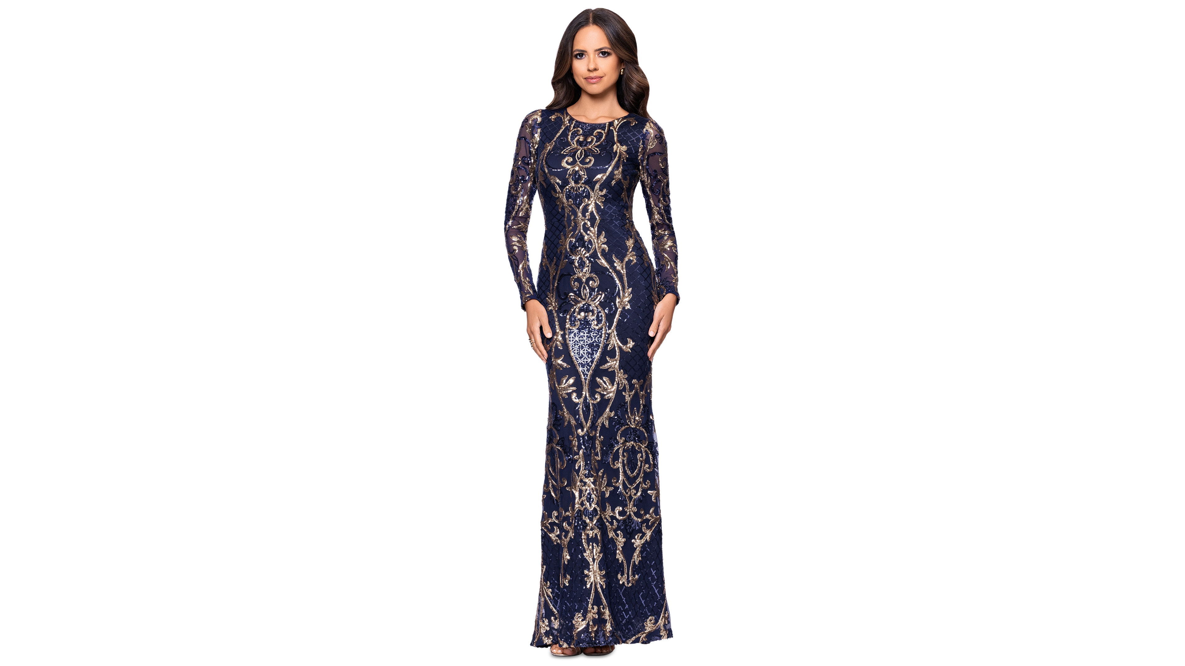 Betsy & Adam Petite Sequinned Mesh-Sleeve Evening Gown