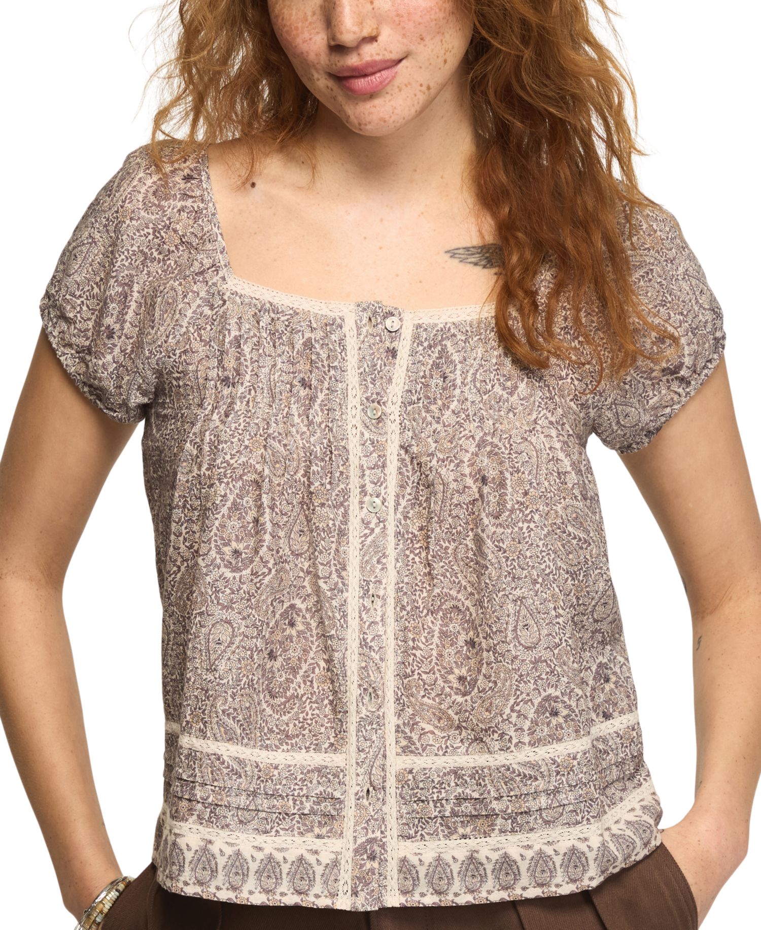 Women's Cap Sleeve Lace Peasant Top