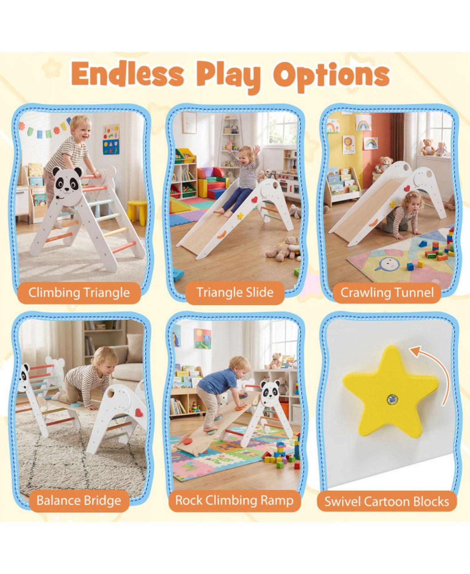 Ages 3+ Montessori Foldable 3-Piece Climbing Triangle, Slide, and Balance Bridge Set
