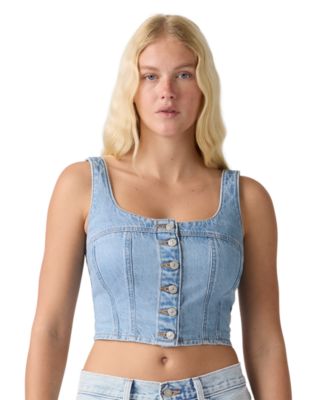 Women's Audra Seamed Top Cap Sleeveless Square Neck Crop Denim Top