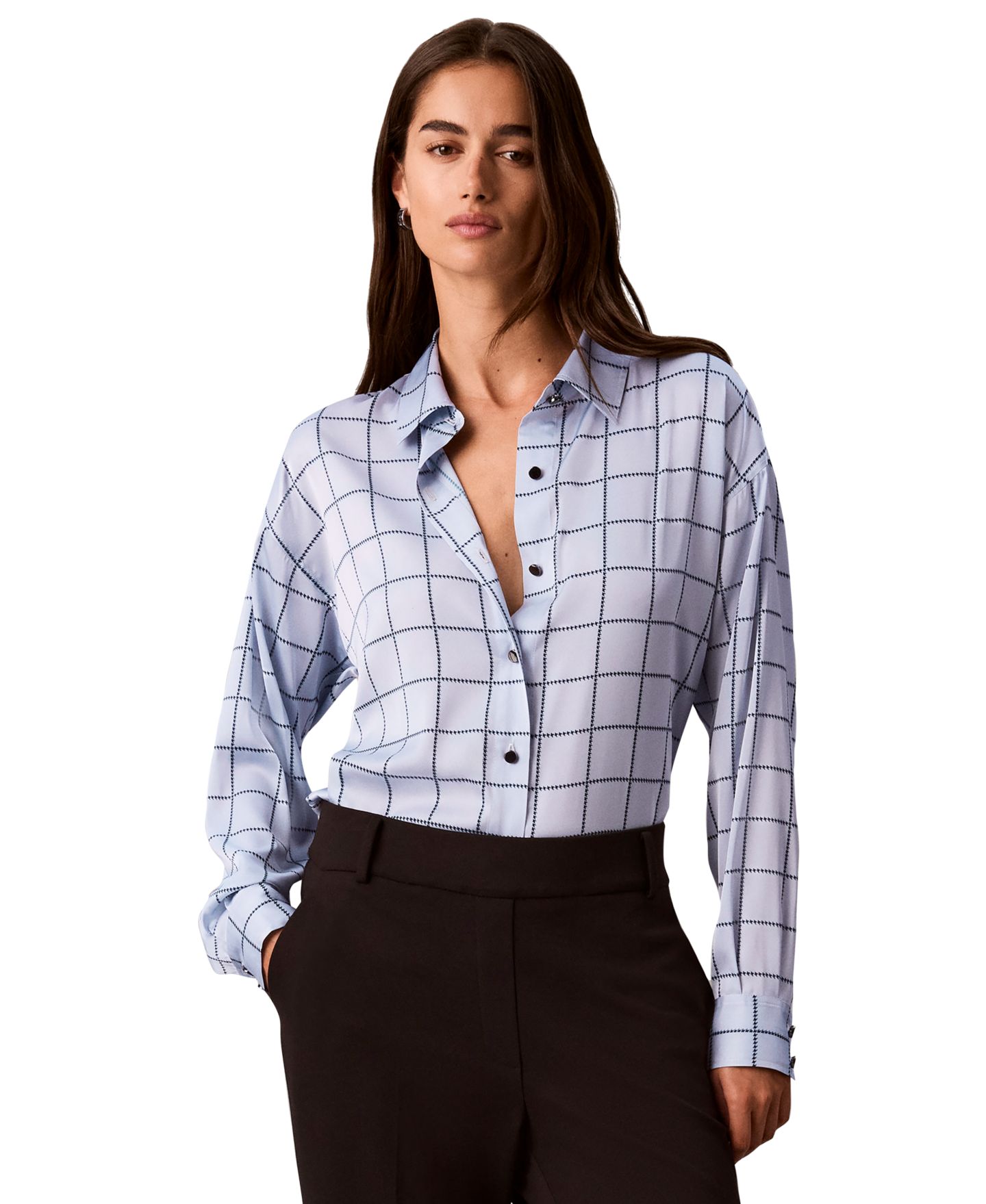 Женская рубашка Calvin Klein Plaid Long-Sleeve Button-Up, цвет: Синий / Тёмно-синий — фото 2