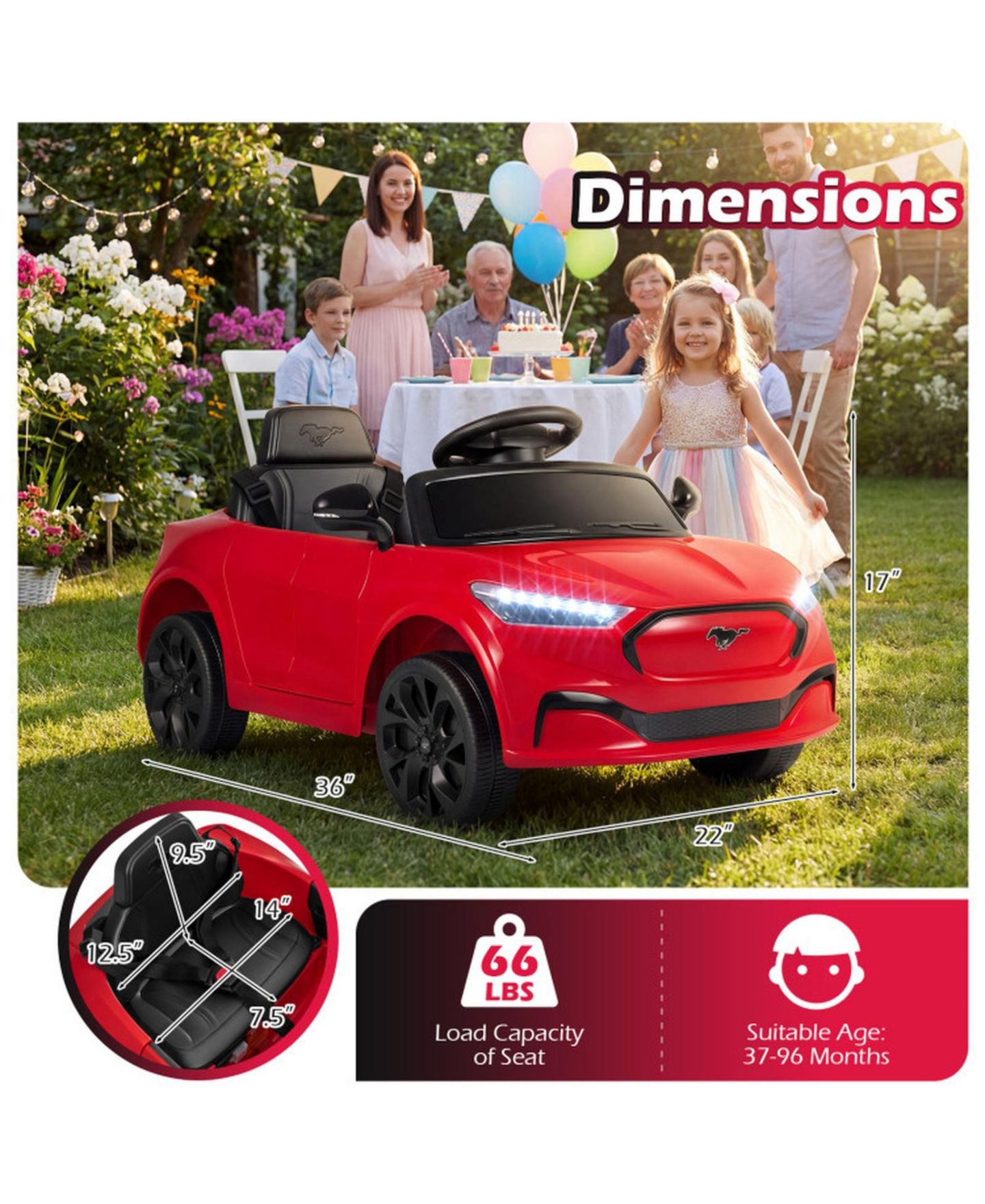 Детская игрушка HONGGE 12V Electric Coupe Ride-On with Parent Control, 36" x 22" x 17", Ages 3-8, цвет: Красный — фото 3
