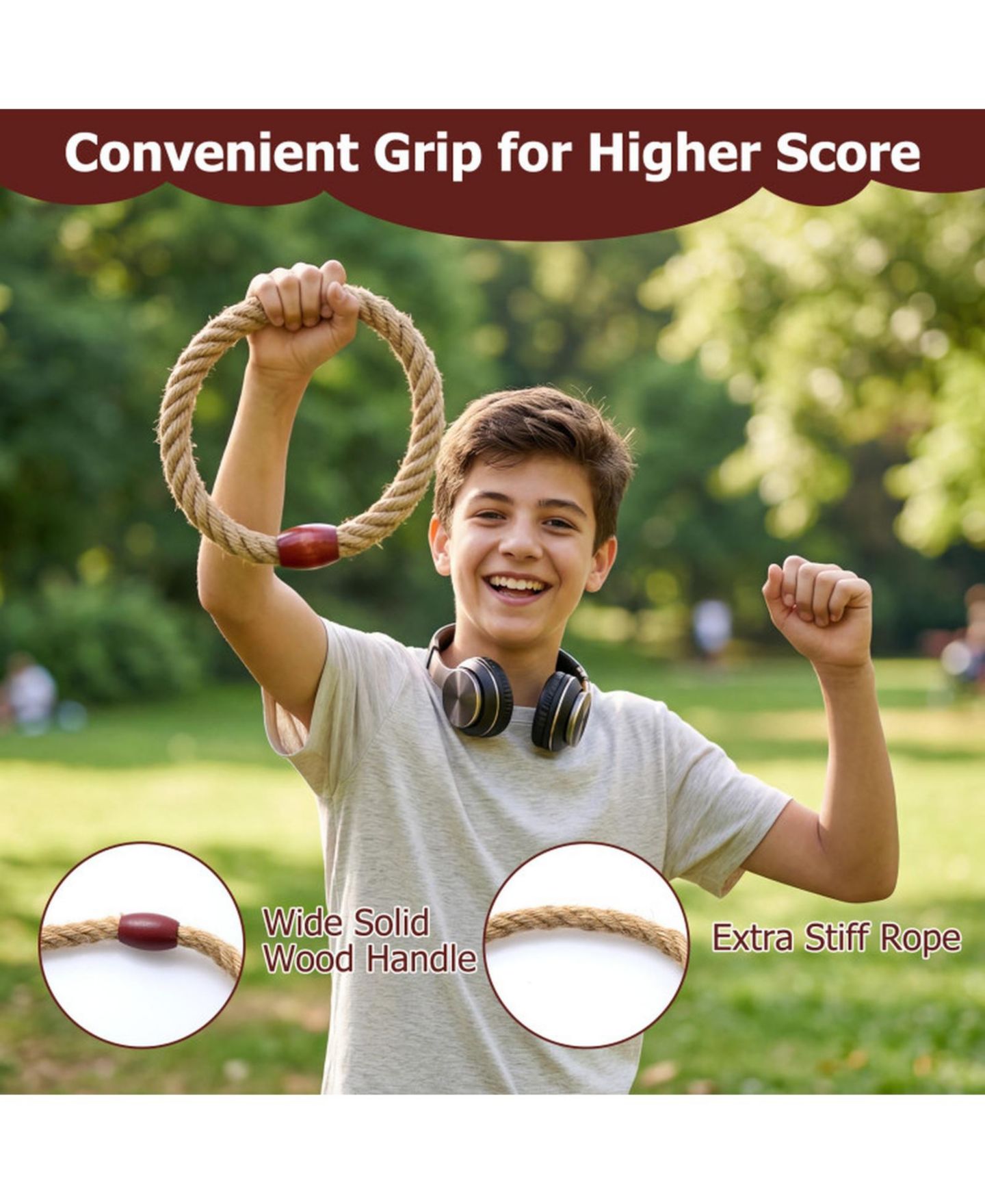 Детские игрушки HONGGE Wooden Ring Toss 24" x 24" Tool-Free Setup Yard Game with 6 Rope Rings and Storage Bag, Ages 3+, цвет: Коричневый — фото 7