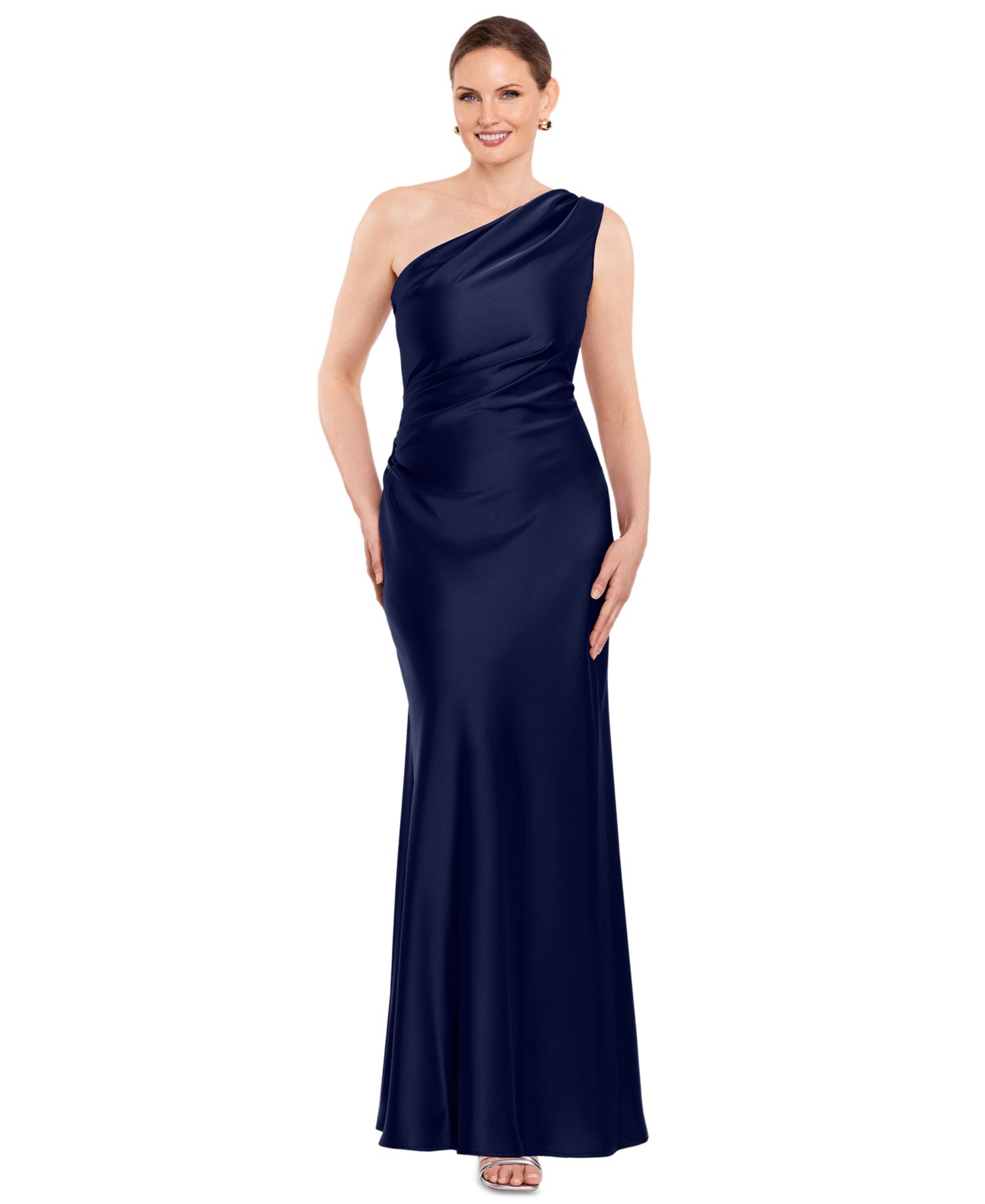 Petite One-Shoulder Draped Evening Gown