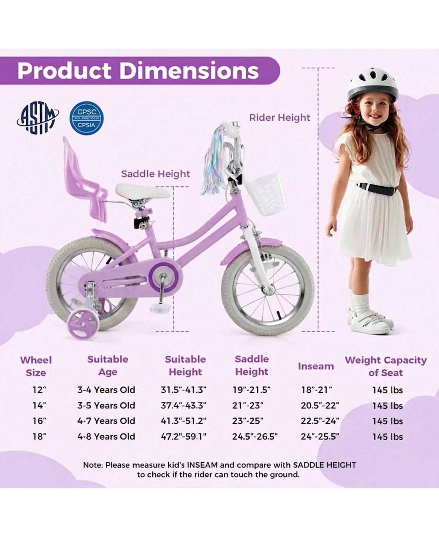 Детская игрушка HONGGE 14-Inch Girls Bike with Doll Seat, Dual Brake System & Training Wheels, Ages 3-5, цвет: Розовый красный — фото 3