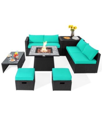9 Piece Outdoor Wicker Sectional Conversation Set with 35 in 50000 BTU Gas Fire Pit Table