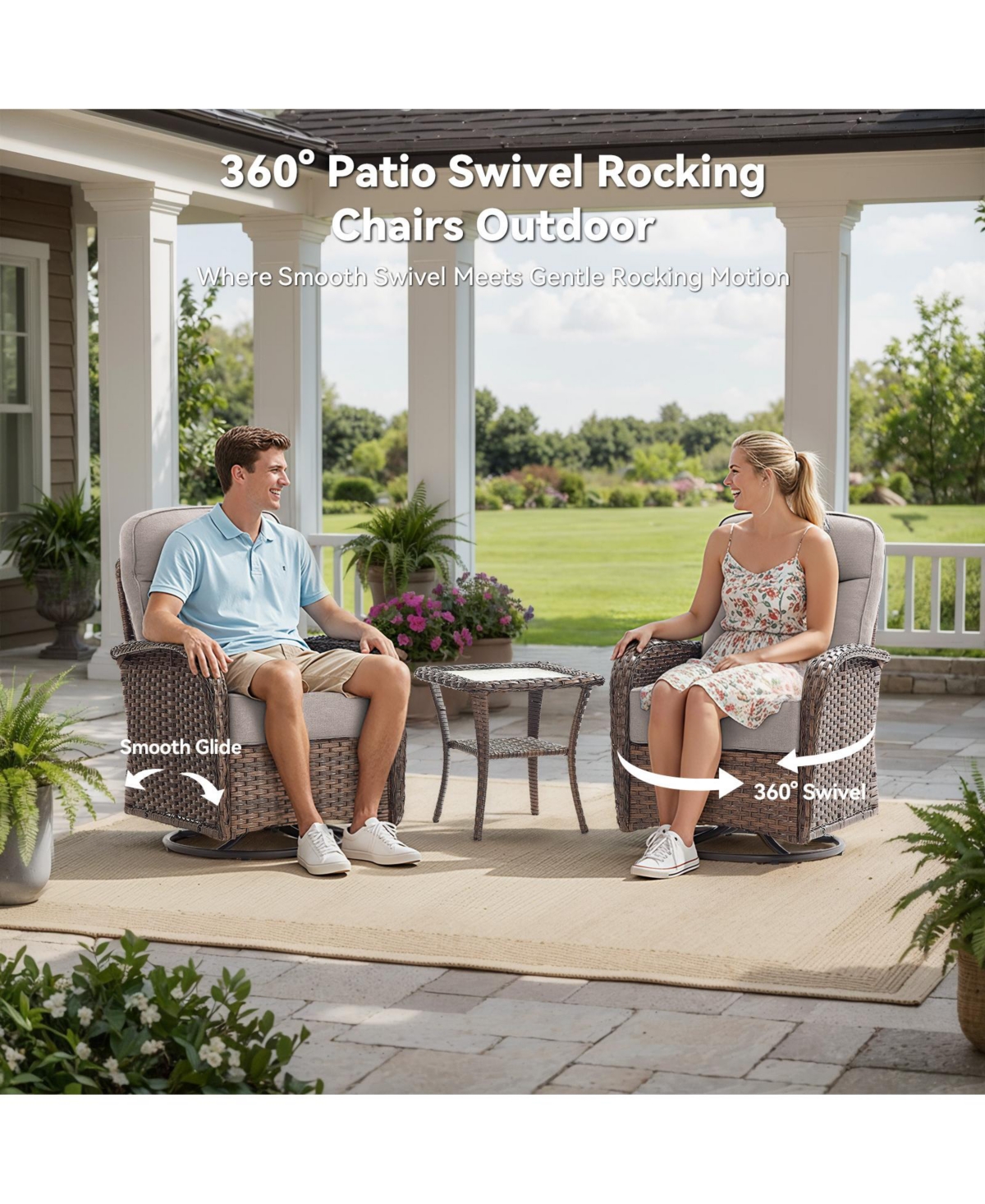 Pocassy 3-Piece Wicker Patio Furniture Set with Thick Cushions, Outdoor Swivel Rocker Chairs High Back, Deep Seating for Deck, Porch Use