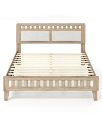 Queen Wood Bed Frame with Upholstered Headboard and 12 Plywood Slats