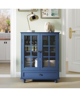 Minimalist Buffet Cabinet with Double Glass Doors and Drawer, Modern Wooden Storage Sideboard Cupboard