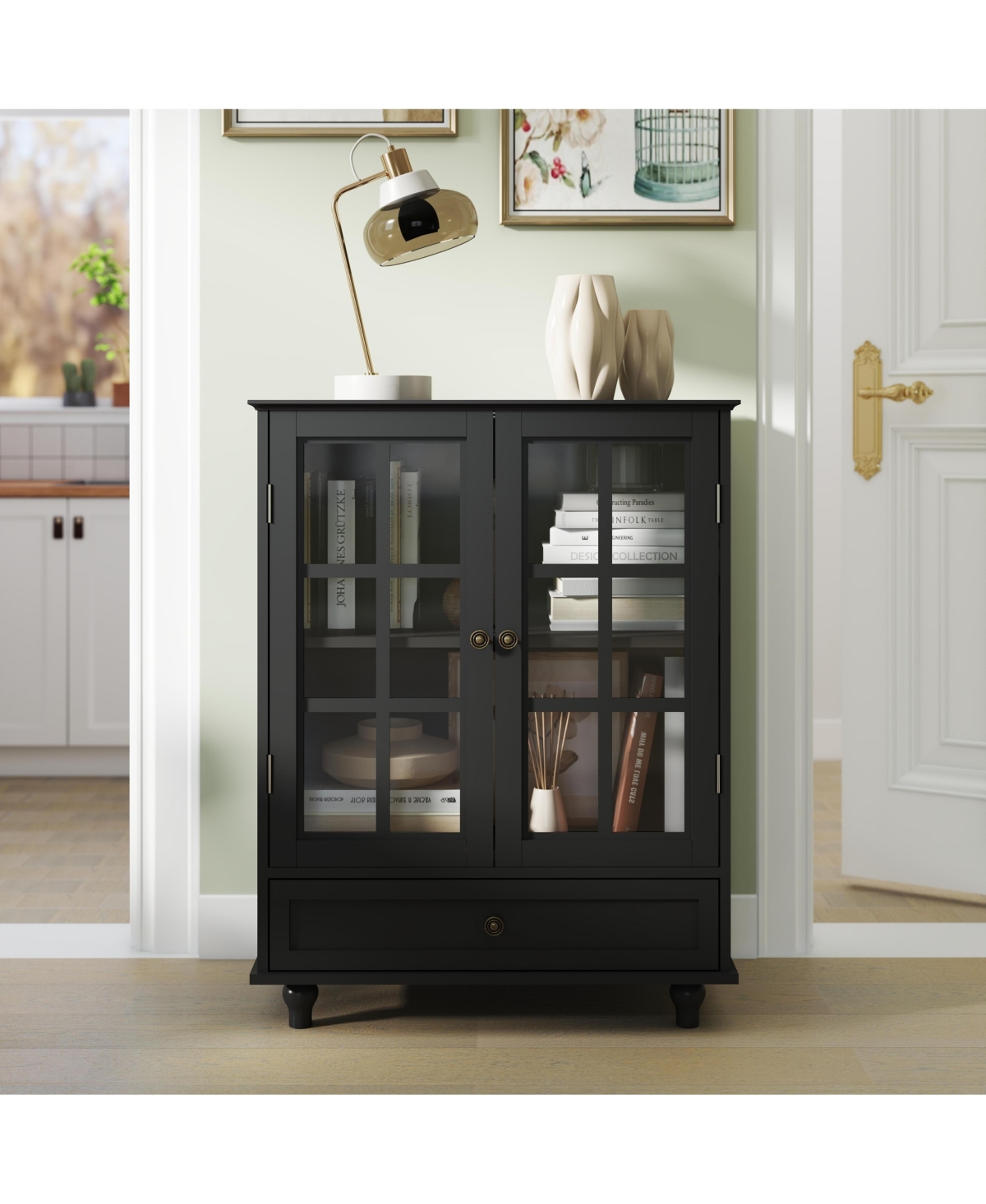 Clihome Minimalist Buffet Cabinet with Double Glass Doors and Drawer, Modern Wooden Storage Sideboard Cupboard - Black