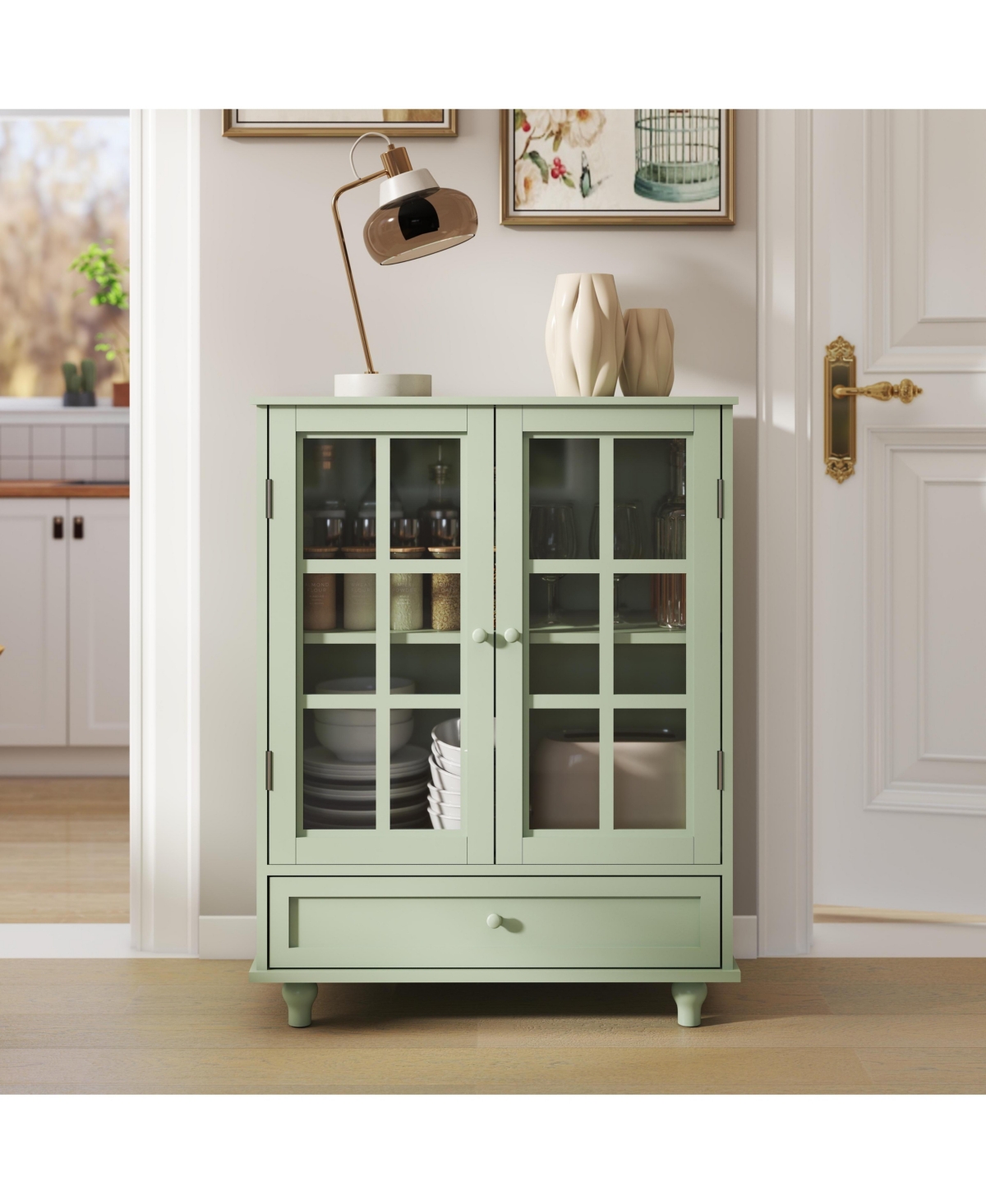 Clihome Minimalist Buffet Cabinet with Double Glass Doors and Drawer, Modern Wooden Storage Sideboard Cupboard - Green