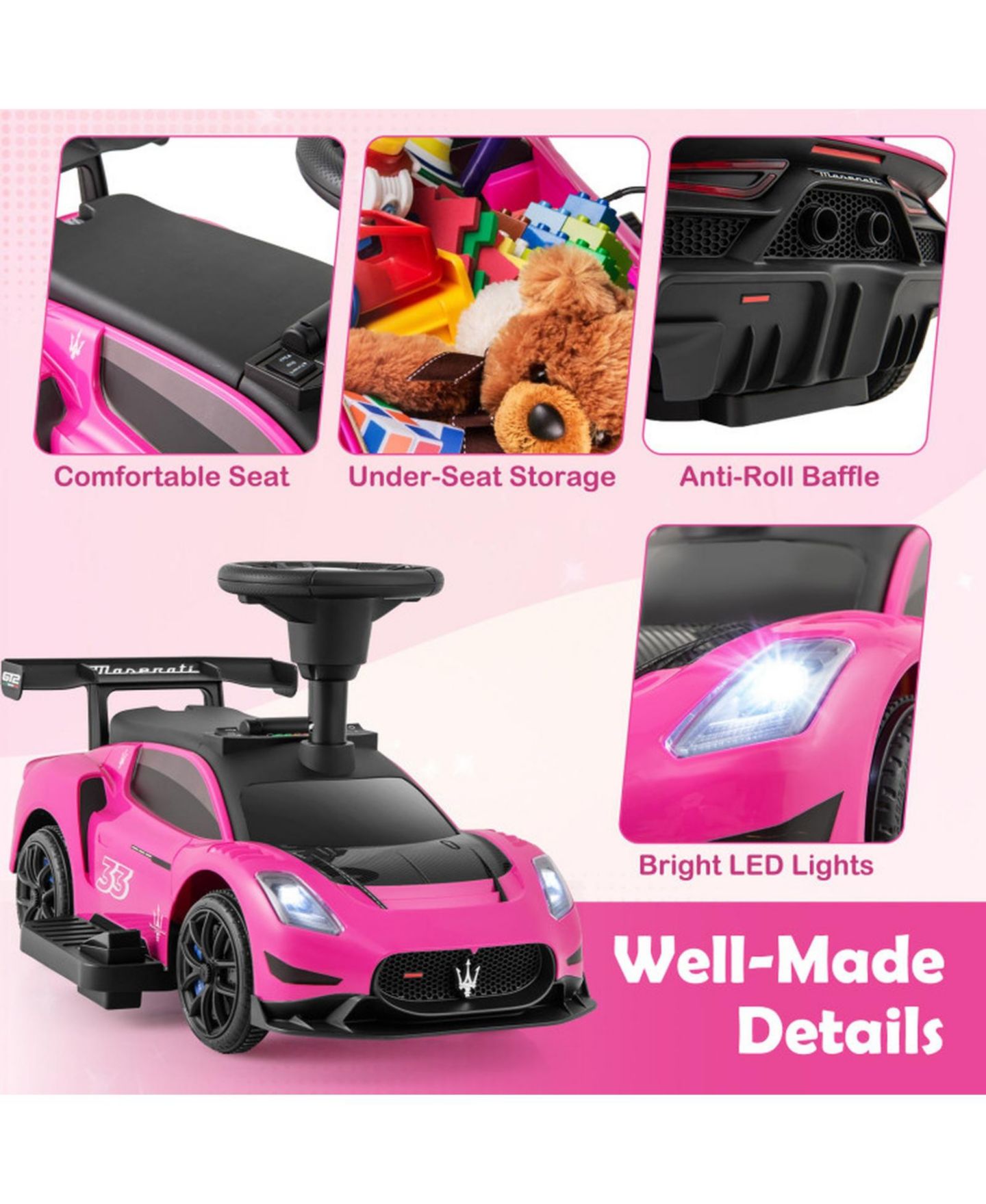 Детская игрушка HONGGE Electric Foot-Pedal Ride-On Car, 26"L x 16"W x 15"H, 55 lbs Capacity, Ages 18 Months to 5 Years, цвет: Розовый — фото 8