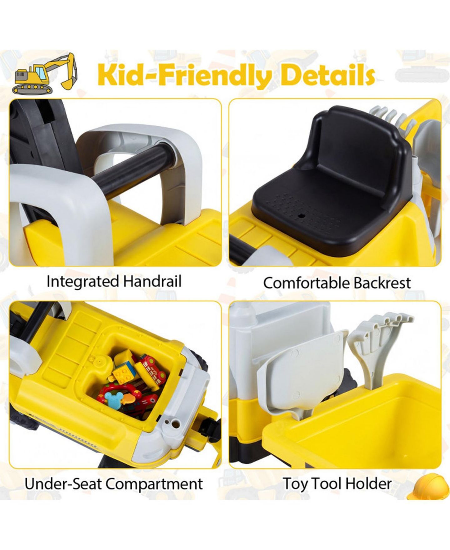 Детская игрушка HONGGE 2-In-1 Foot-to-Floor Ride-On Tractor with Digging Arm and Detachable Trailer, 50"L x 13"W x 23"H, 55 lb. Capacity, Ages 3+, цвет: Жёлтый — фото 4