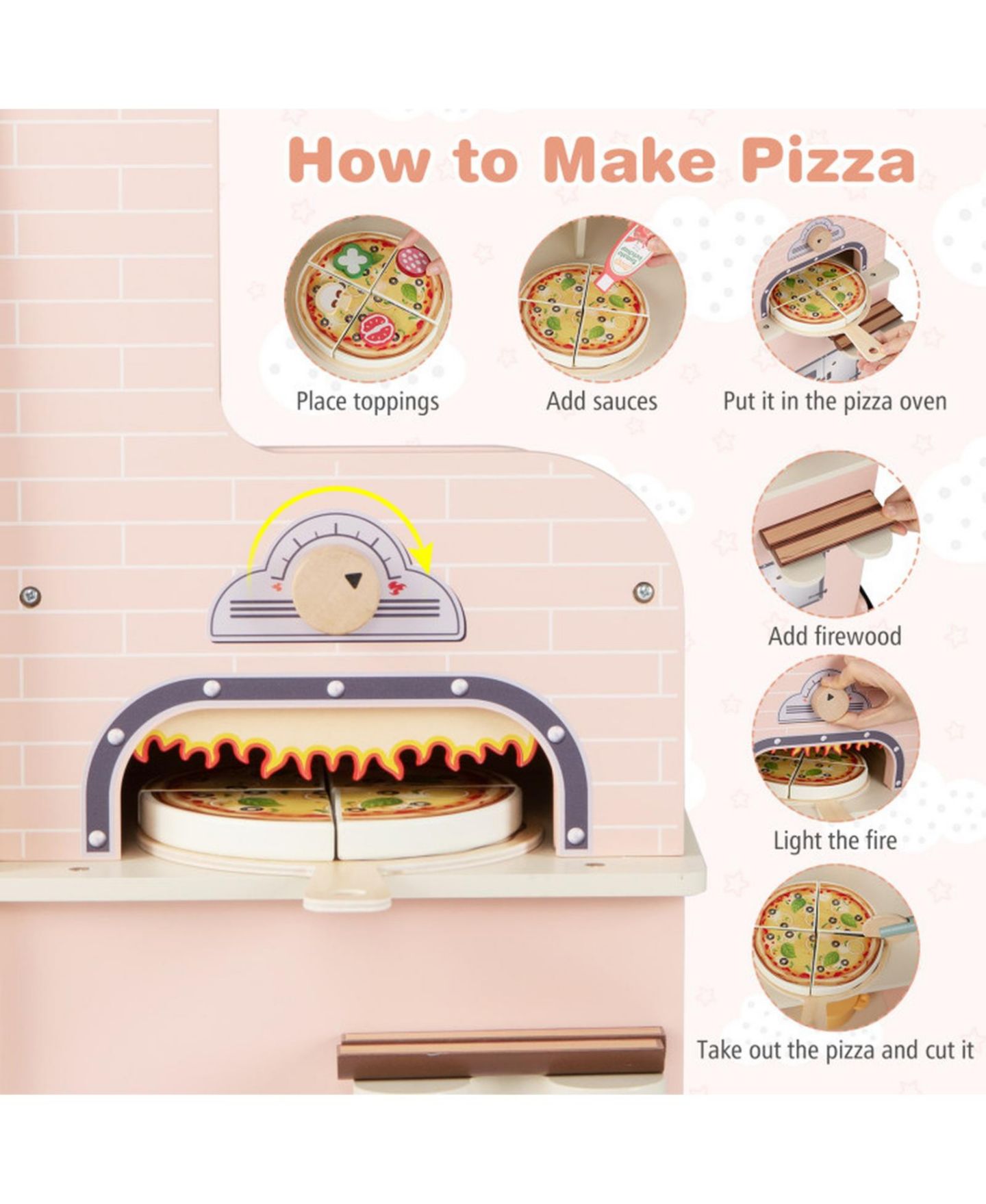 Детский игровой набор SUGIFT Pizza Food Truck Double-Sided Wooden 40-Piece Playset, Ages 3-6, цвет: Розовый — фото 8