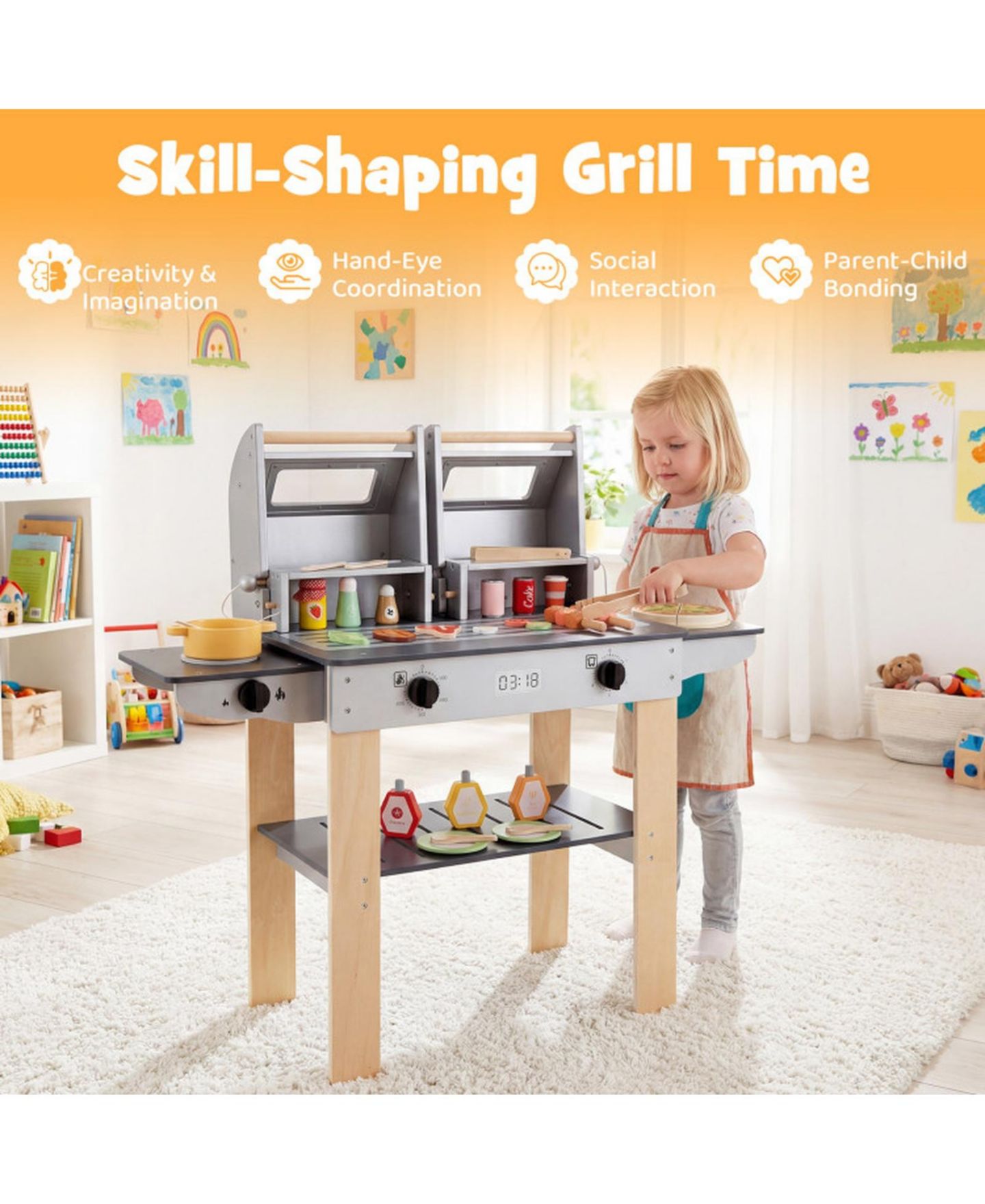 Детский игровой набор SUGIFT Wooden Barbecue Grill Playset with Grilling Tools and Play Food, Ages 3+, цвет: Серый — фото 5