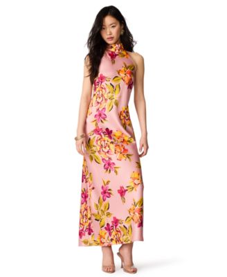 Juniors' Floral-Print Satin Halter Wedding-Guest Dress