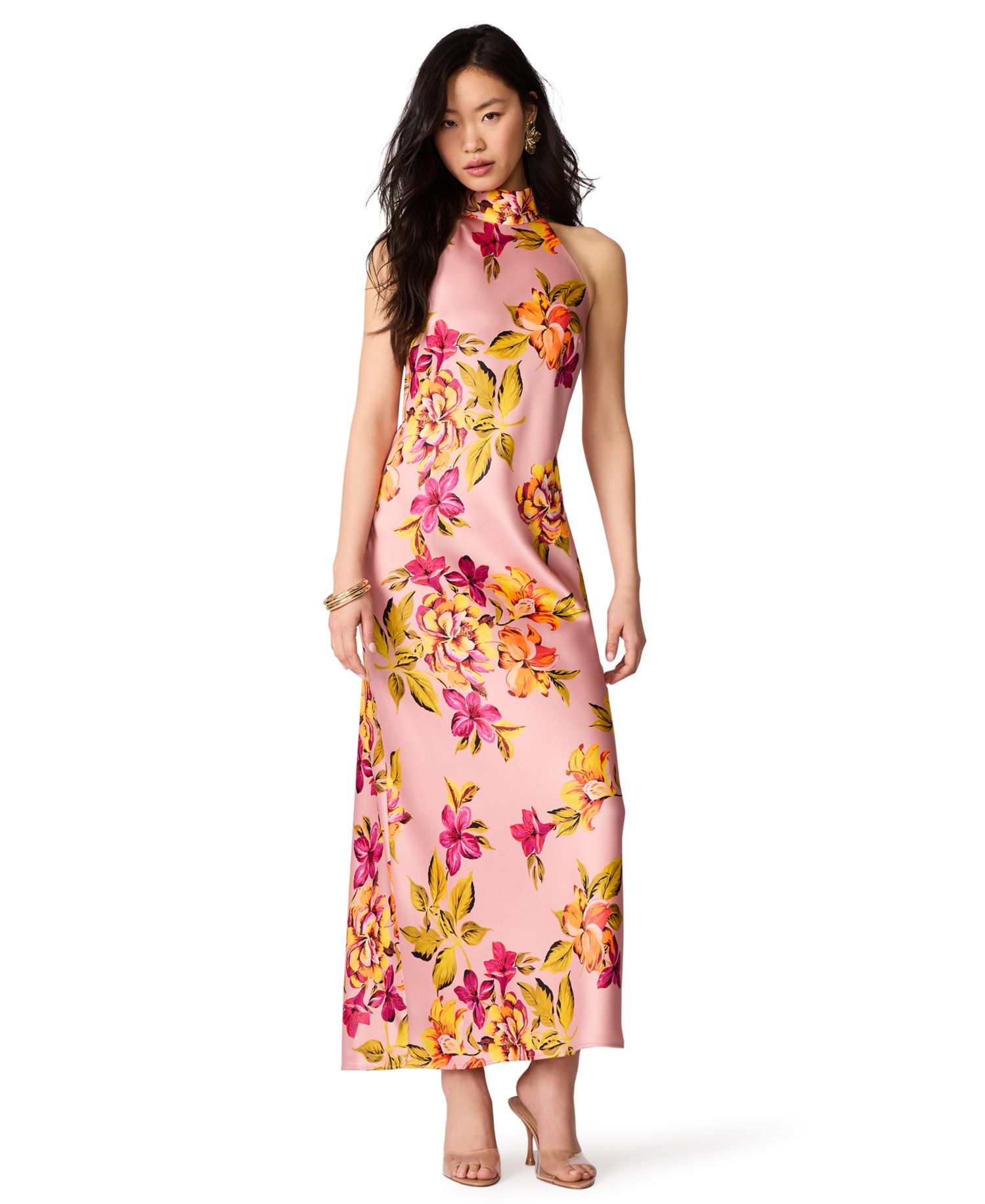 Juniors' Floral-Print Satin Halter Wedding-Guest Dress
