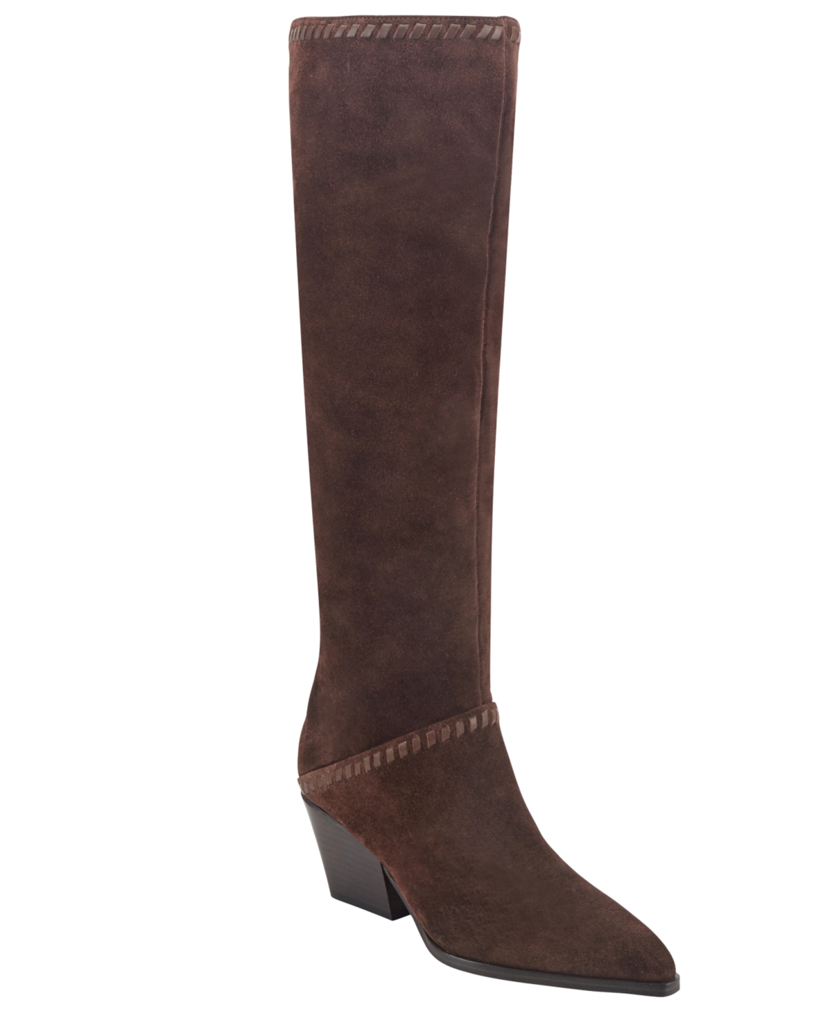 Marc Fisher Ltd Women's Tayla Suede Whipstitch Tall Block Heel Boots - Dark Brown Suede