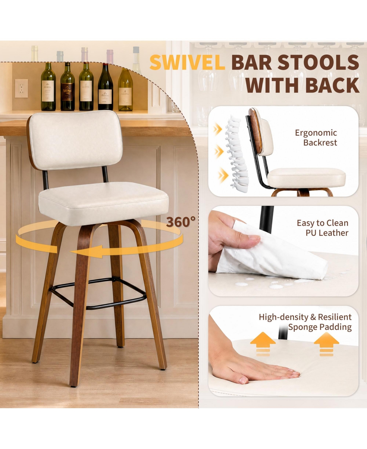 homfan Set of 4 26" Beige Faux Leather Swivel Counter Stools with Back and Bentwood Legs