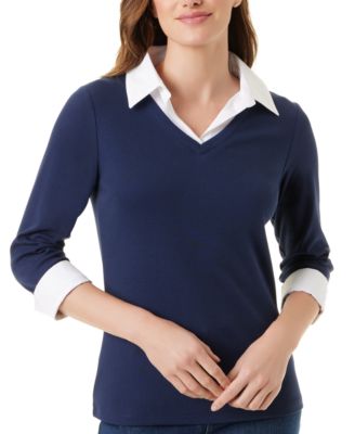 Women's Twofer Knit 3/4-Sleeve V-Neck Blouse