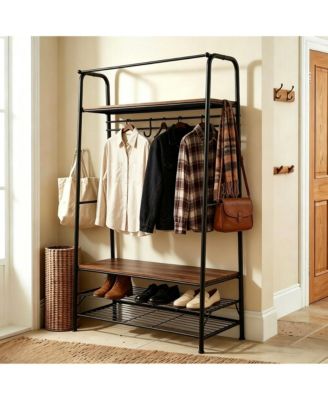 Entryway Hall Tree - Industrial Coat Rack and Storage Bench, 8 Hooks, 2-Tier Shoe Shelf, Quick 20-Min Assembly