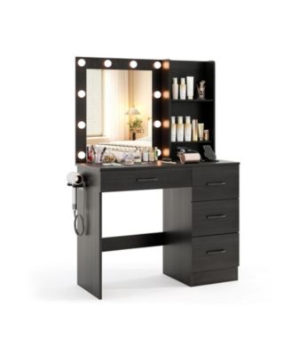 Vanity Desk with 3-Color Lighted Mirror Power Outlets and 4 Drawers