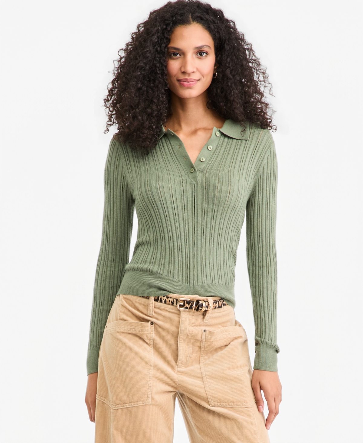 On 34th Women's Lightweight Long Sleeve Ribbed Polo Sweater, Macy's Exclusive In Cool Olive
