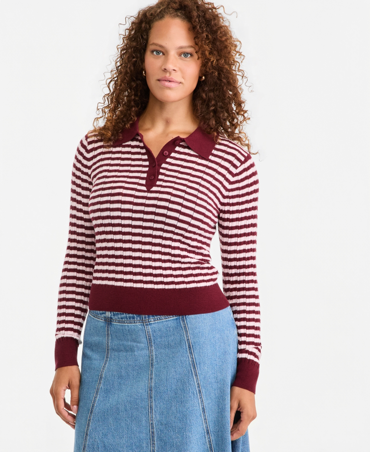 On 34th Women's Lightweight Long Sleeve Ribbed Polo Sweater, Macy's Exclusive In Dark Rust