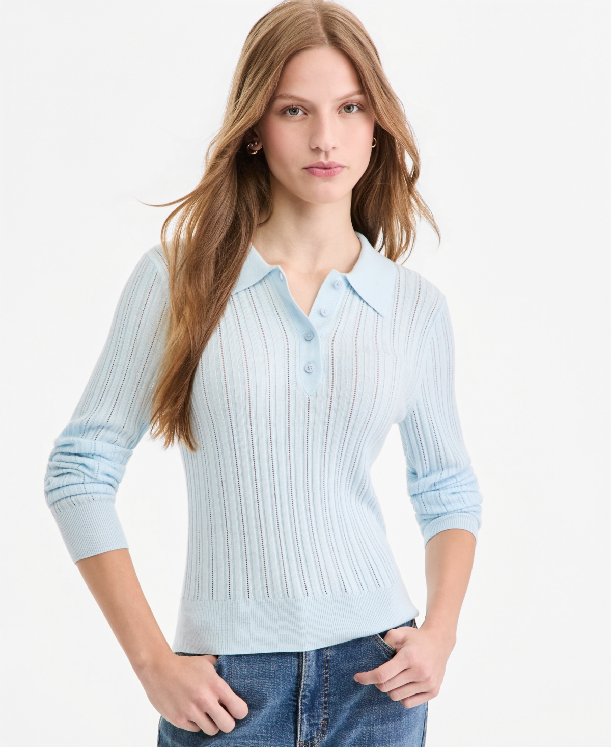 On 34th Women's Lightweight Long Sleeve Ribbed Polo Sweater, Macy's Exclusive In Diamond Blue