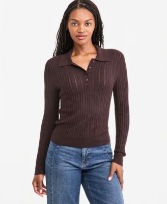 Women's Lightweight Long Sleeve Ribbed Polo Sweater