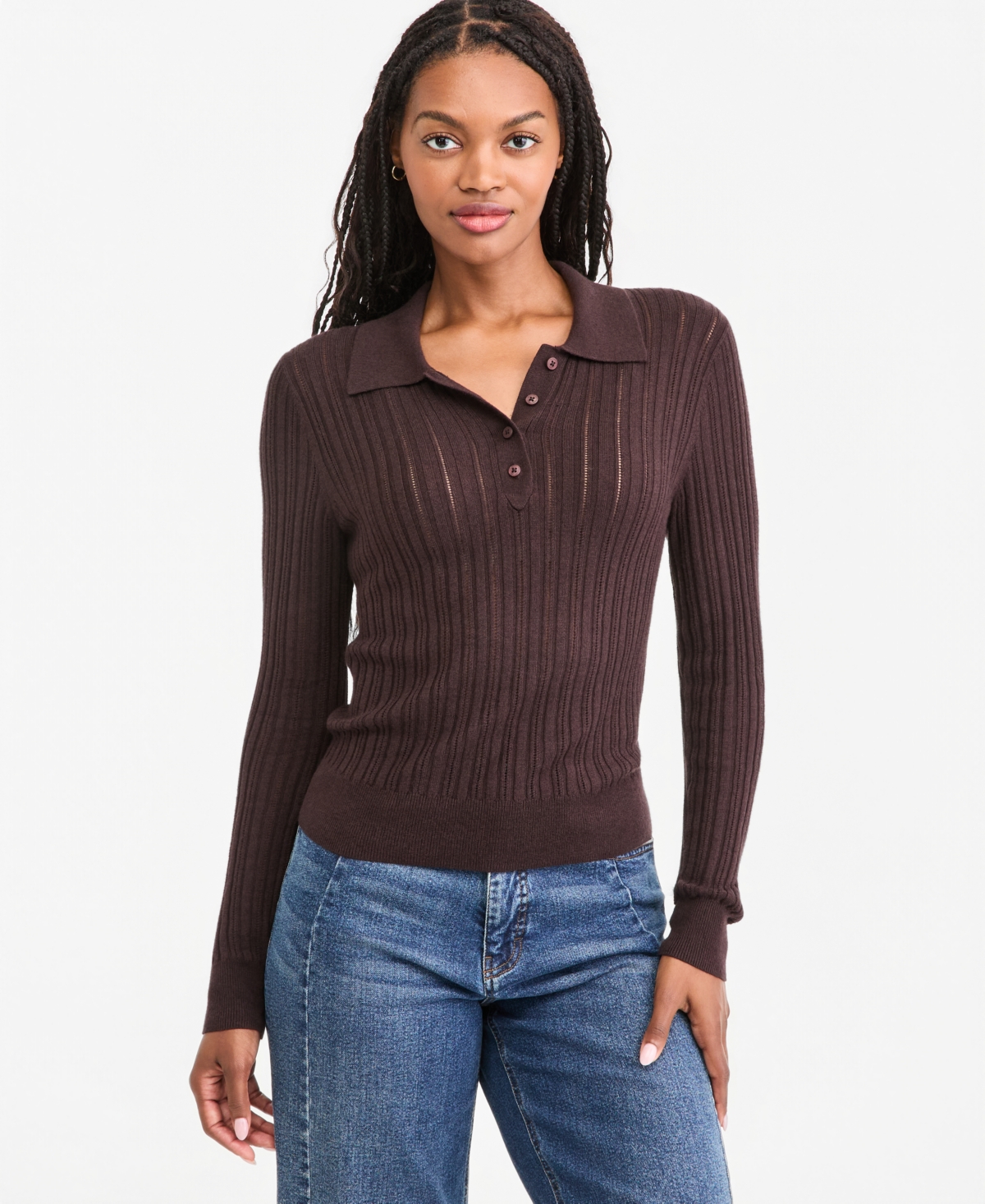 On 34th Women's Lightweight Long Sleeve Ribbed Polo Sweater, Macy's Exclusive - Ganache