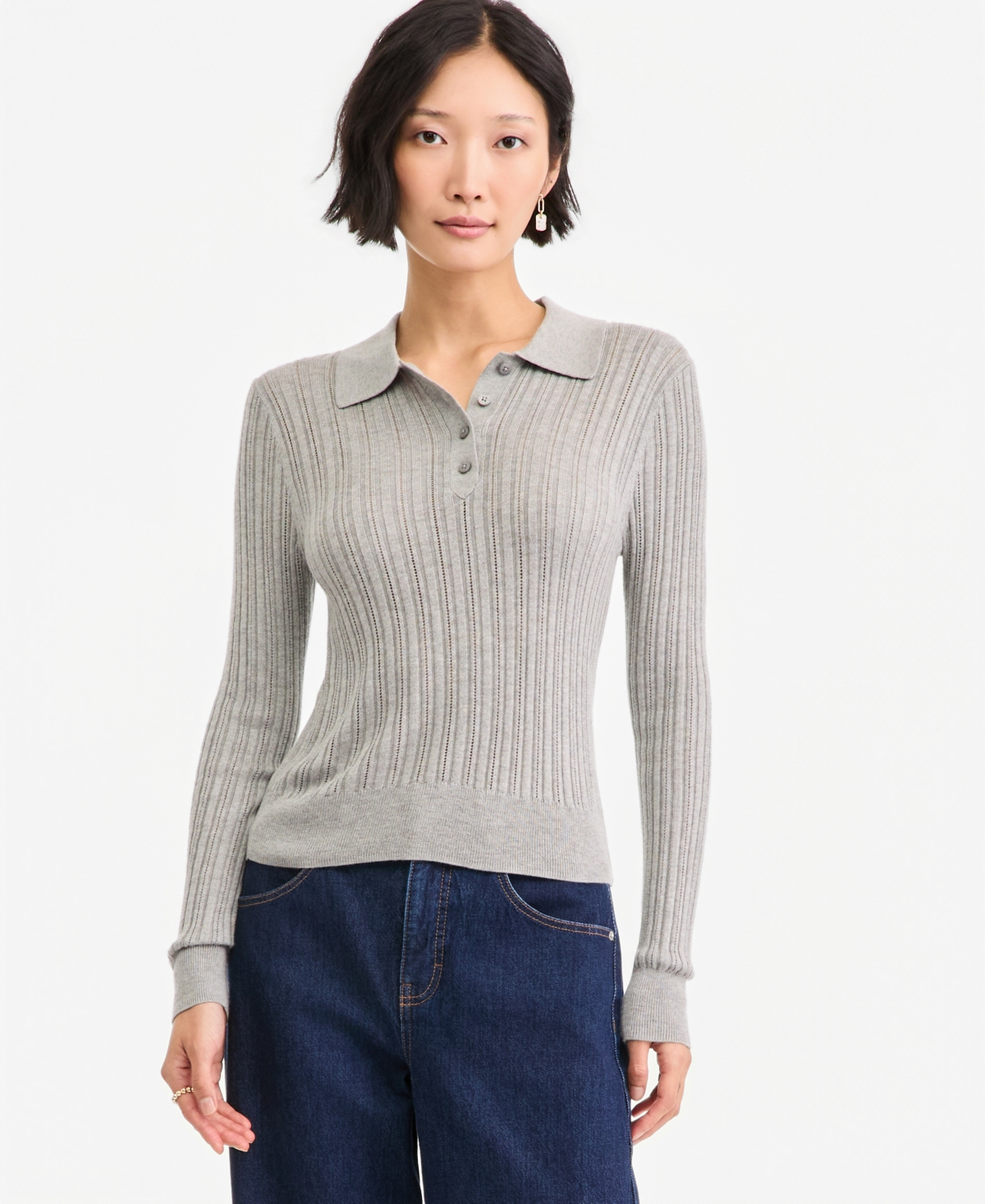 On 34th Women's Lightweight Long Sleeve Ribbed Polo Sweater, Macy's Exclusive In Light Grey Heather