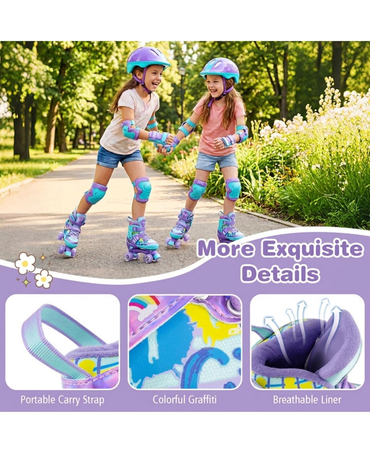 Детские игрушки HONGGE 4-Size Adjustable Light-Up Wheels Kids Roller Skates, Ages 7+, цвет: Фиолетовый — фото 6