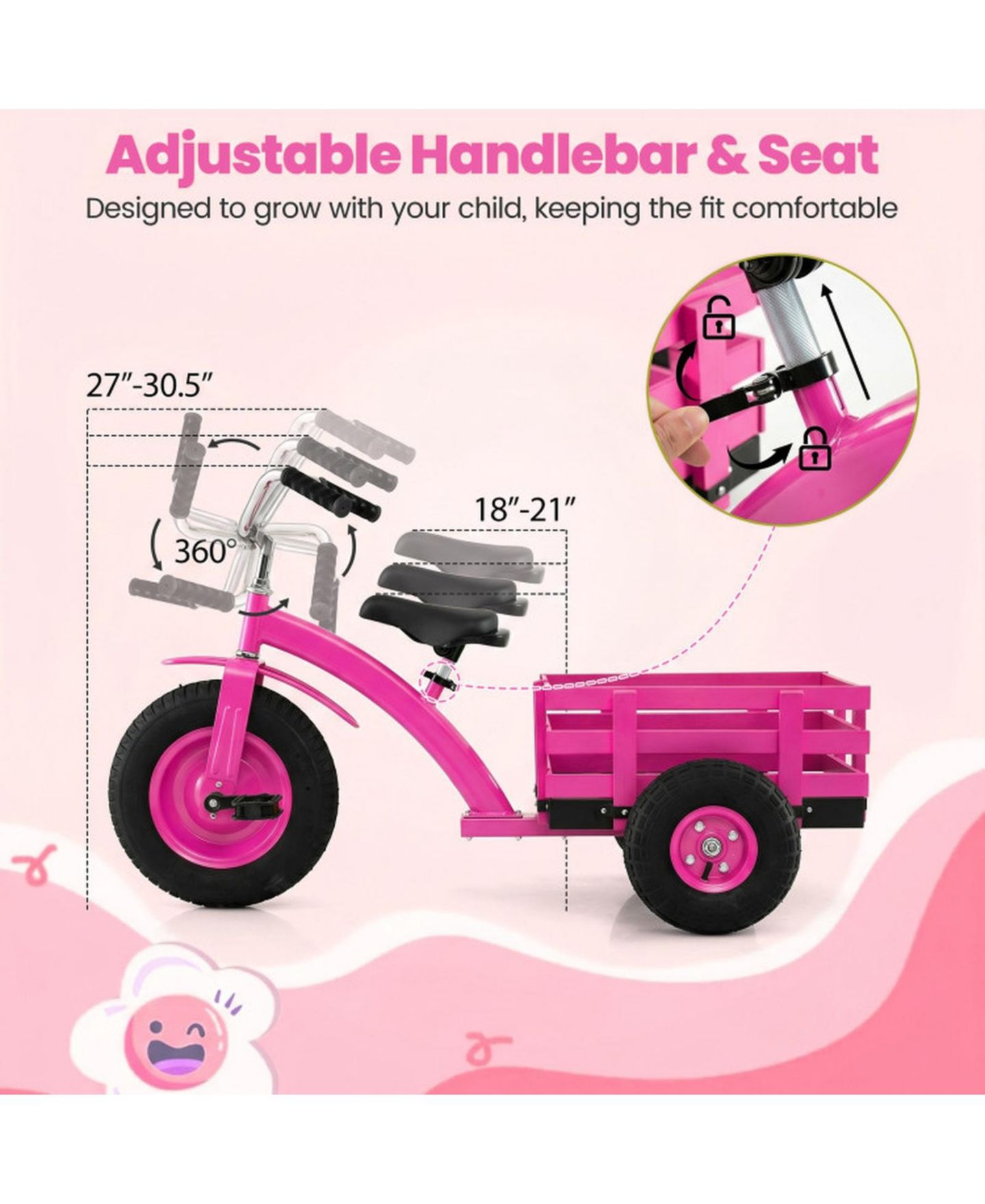 Детская игрушка HONGGE Kids Tricycle with Inflatable Rubber Tires and Wooden Basket, 200 lbs Capacity, Ages 3+, цвет: Розовый — фото 5