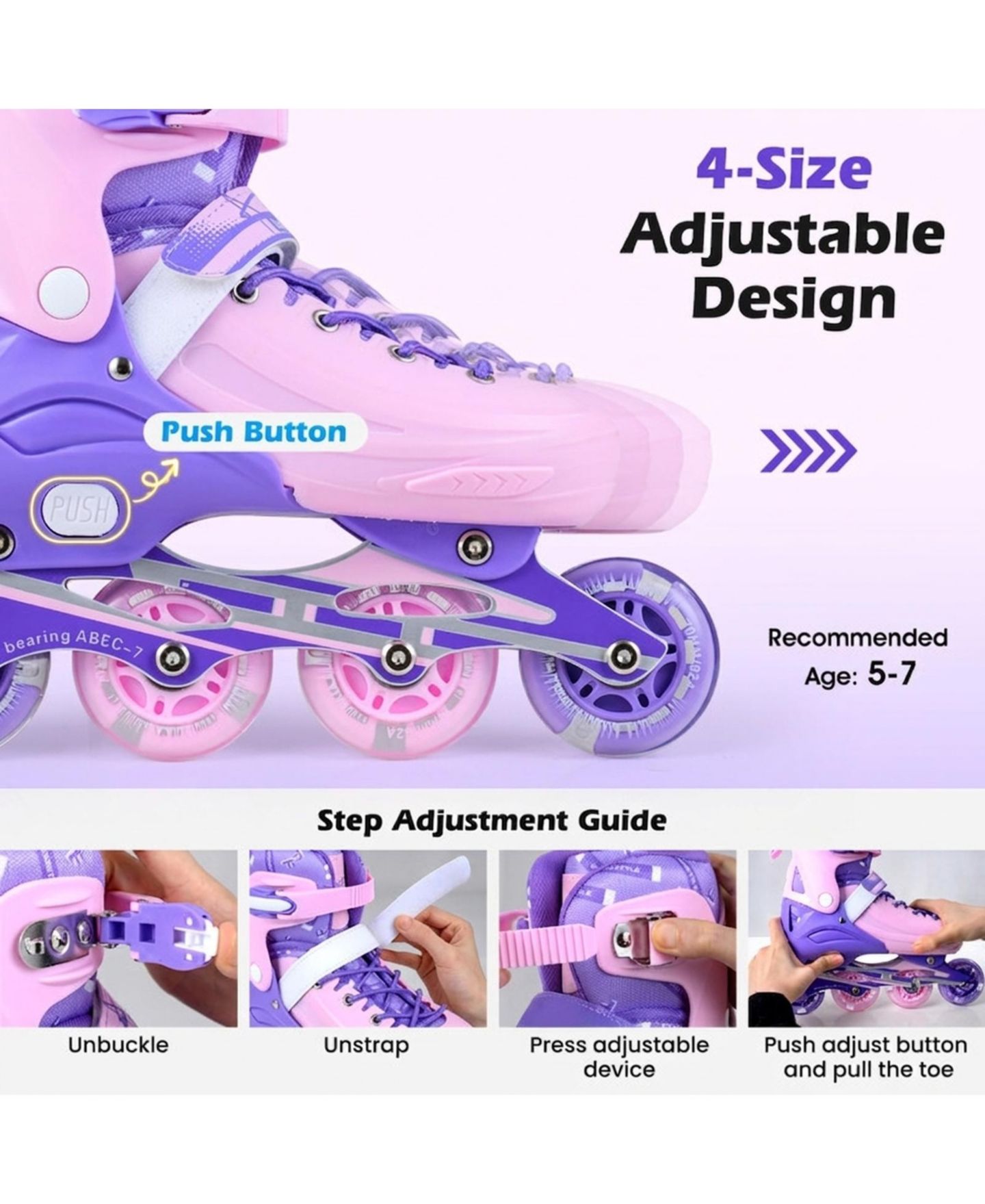 Детские игрушки HONGGE Light-Up Adjustable Inline Skates, Sizes 13.5C-3, Ages 5-7, цвет: Фиолетовый — фото 5