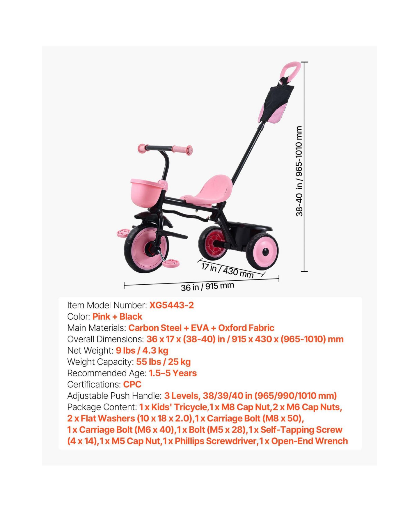 Детская игрушка HONGGE 2-Mode Toddler Tricycle and Stroller Combo with Parent Push Handle and Adjustable Seat, Up to 55 lbs, Ages 18 Months to 5 Years, цвет: Розовый — фото 6