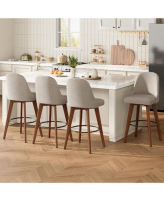 Set of 4 360degree(s) Swivel Counter Stools, Sand Linen Upholstered Bar Chairs with Wood Legs, 26" Seat