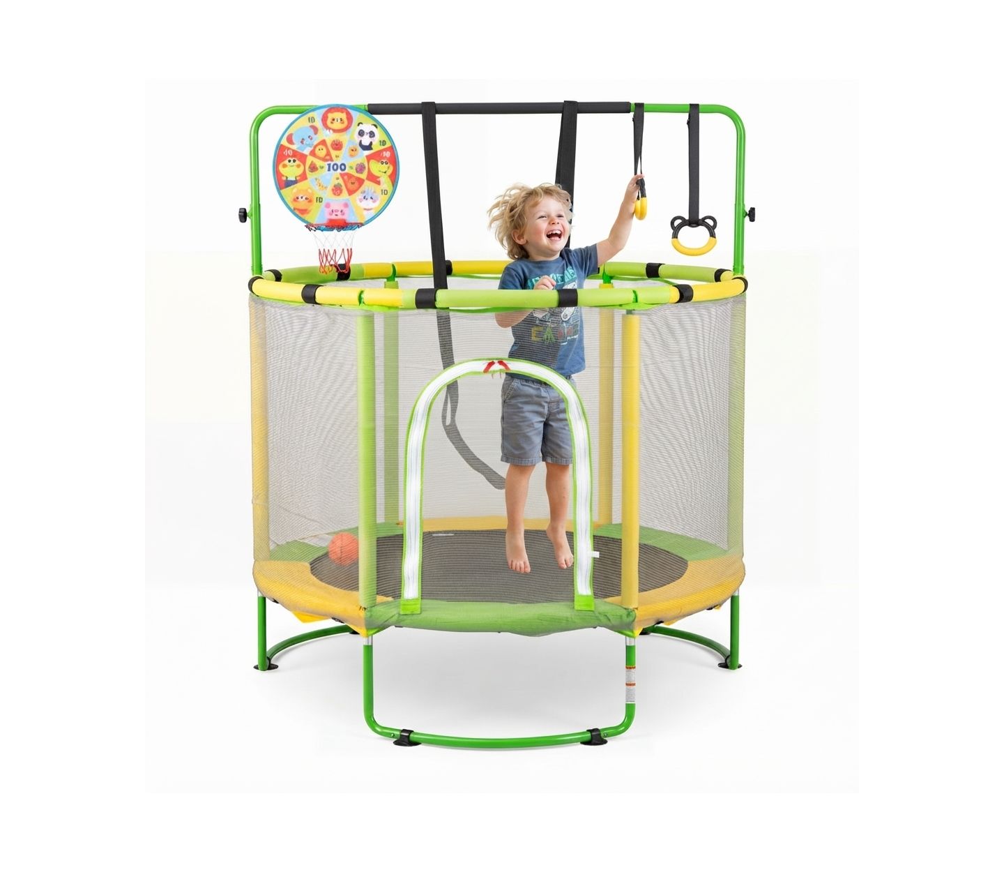 Детская игрушка HONGGE 55-Inch Kids Trampoline with Adjustable Gymnastics Bar, Basketball Hoop and Dart Board, 120 lbs Capacity, Ages 3+, цвет: Жёлтый — фото 2