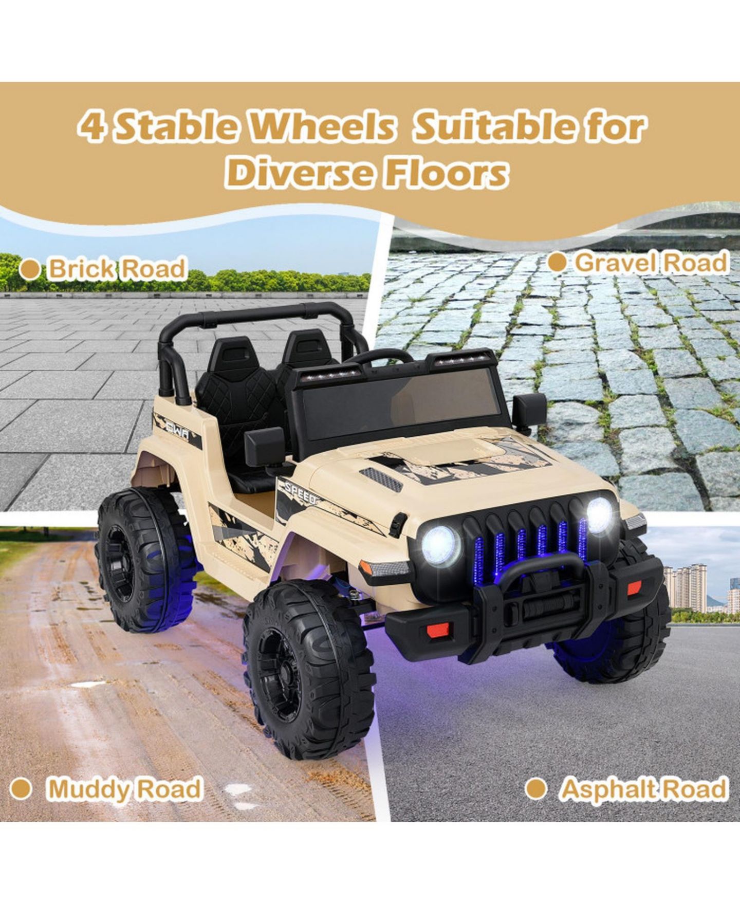 Детская игрушка HONGGE 12V Kids Ride-On Jeep Car with Parental Remote Control and LED Lights, 44"L x 30"W x 26.5"H, 77 lbs, Ages 3+, цвет: Натуральный — фото 5